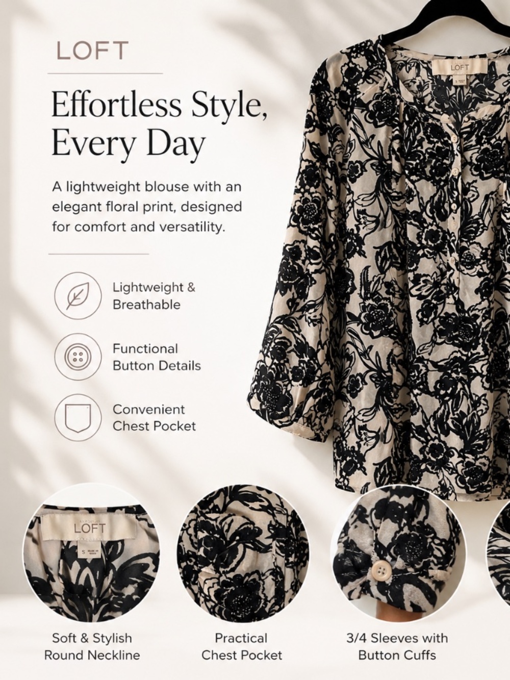 LOFT Floral Blouse Size Small Sheer Black & Ivory 3/4 Sleeve Lightweight Top